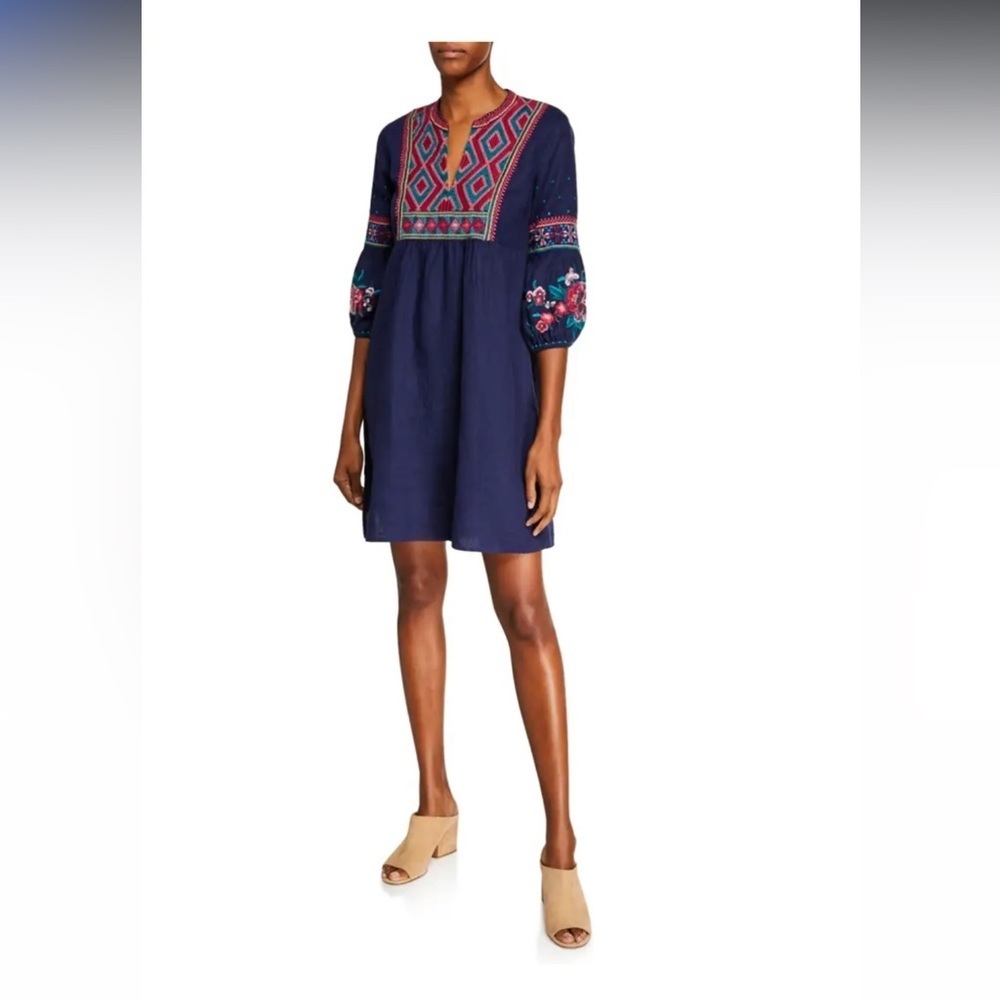 Johnny Was Annalise Bishop-Sleeve Embroidered Peasant Dress Size M